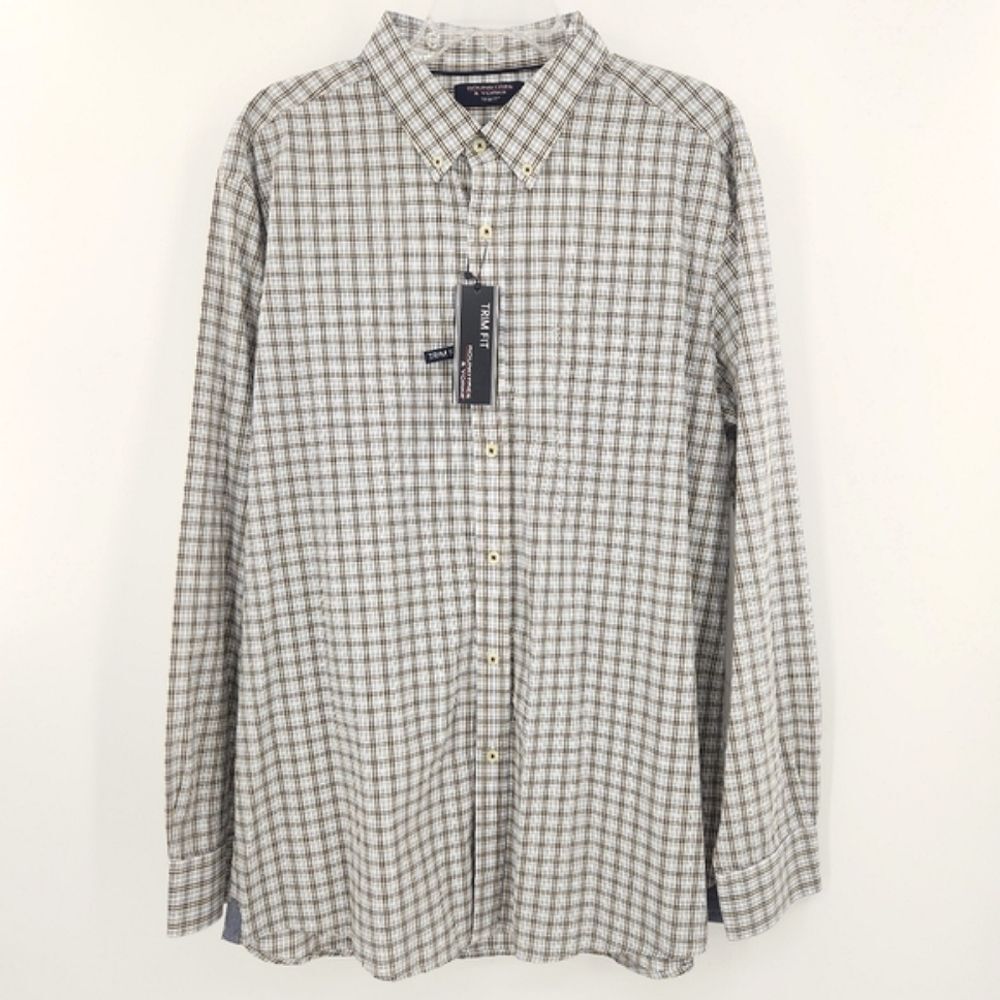 Roundtree York Button Up Shirt Mens XL Blue Yellow Plaid Trim Fit Work Office